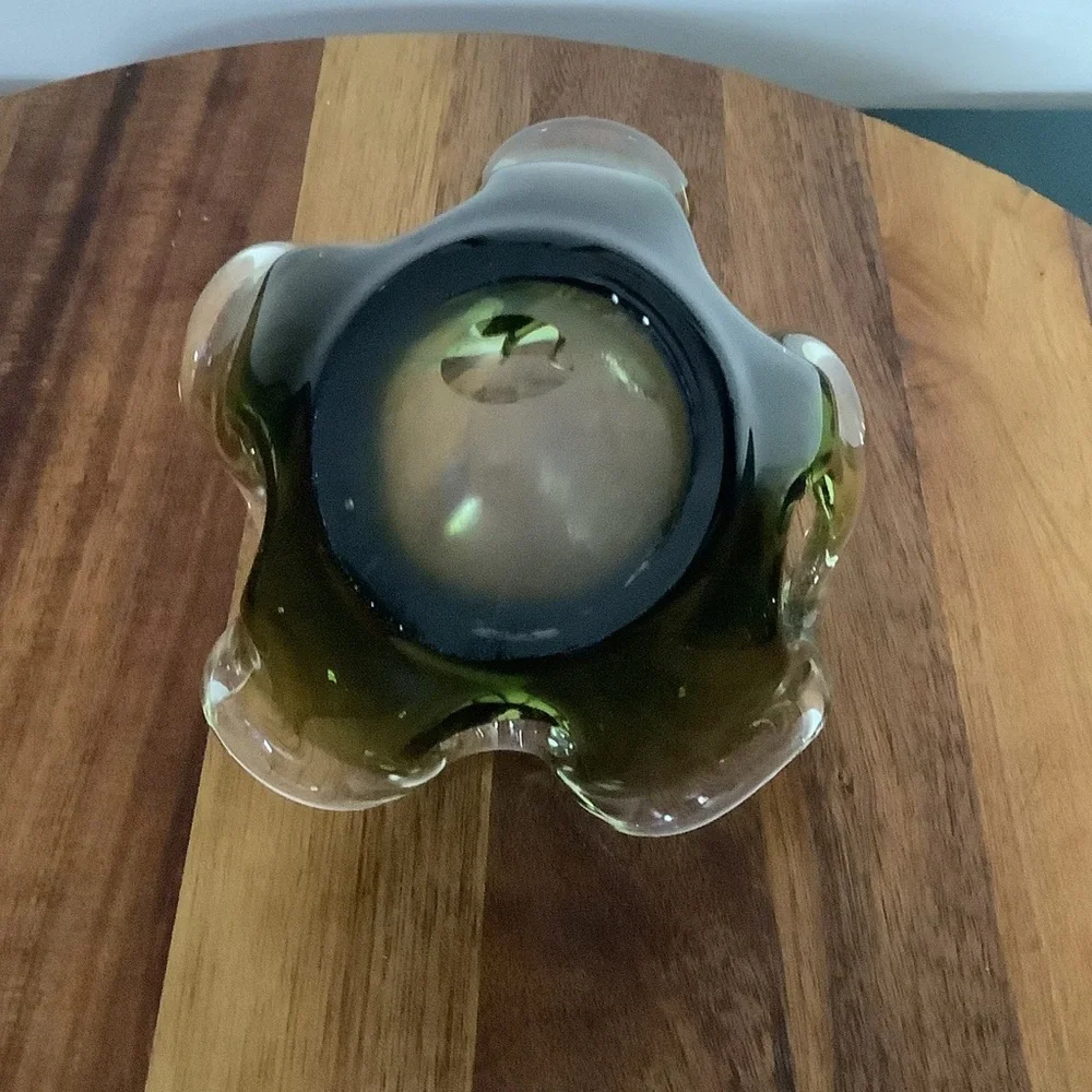 Vintage Murano Style Art Glass Bowl Votive | Olive Green Smoky Glass - Picture 8 of 9